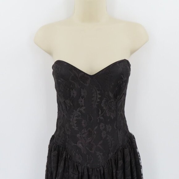 VTG Gunne Sax Jessica McClintock Women 9 Black Lace Strapless Gown Dress Bow - Picture 2 of 13